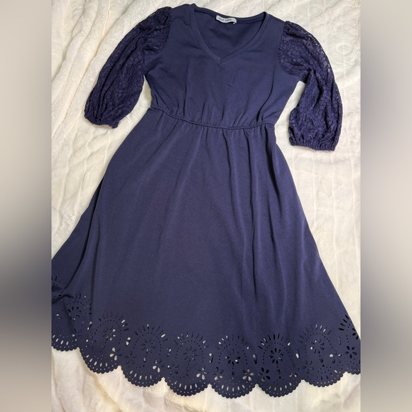 💙Grace Karin Navy Midi Dress with Lace Sleeves - Picture 1 of 16
